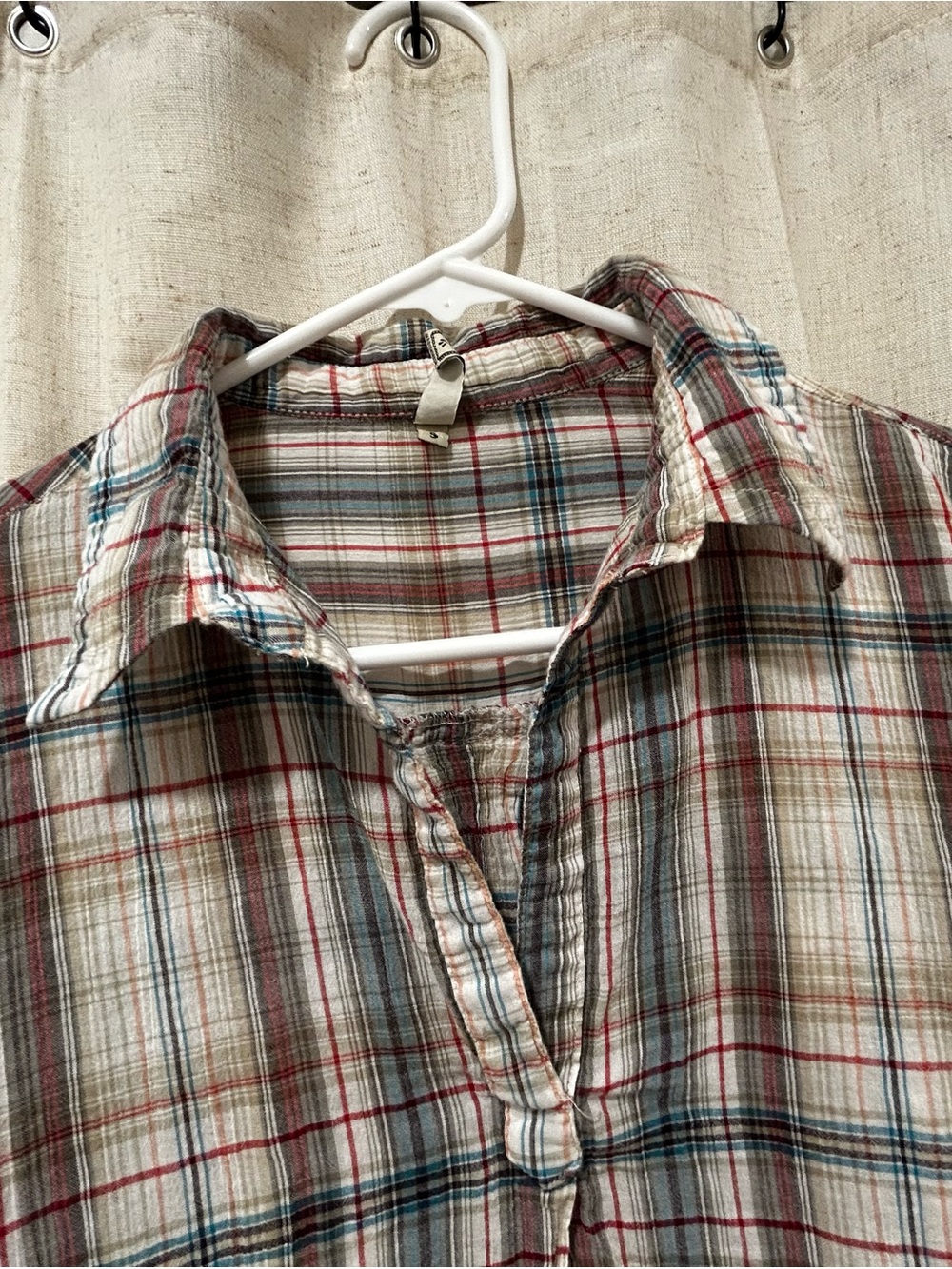 Men's Plaid Button-Up Shirt in Cream, Red & Blue